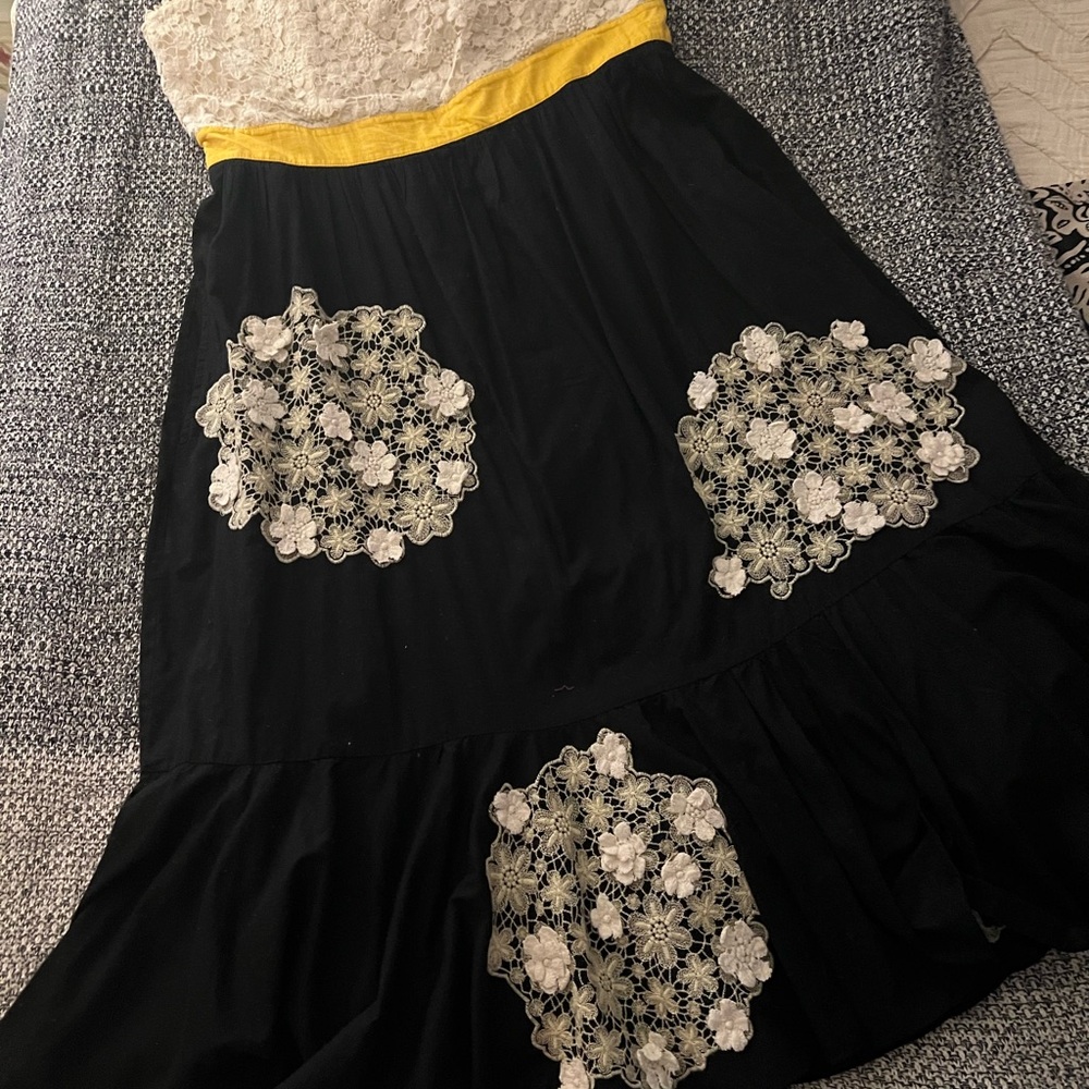 Classic Anthropologie Strapless Black Dress with White  Lace and Yellow Band